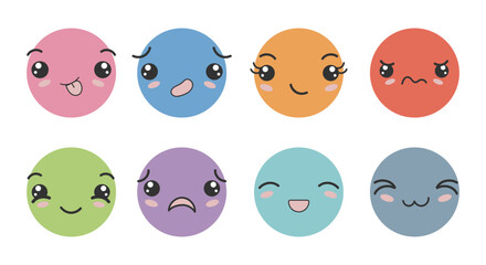 Fototapeta premium Set of Cute Kawaii Emoji Faces with Various Emotions on Colorful Circles. Cartoon Character Expression Collection Vector