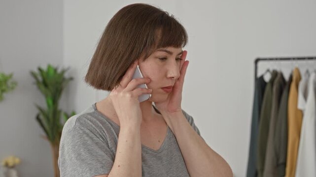 Woman holding smartphone to ear with hand on cheek in building, wearing gray t shirt and short bob near clothing rack and plant; worry.