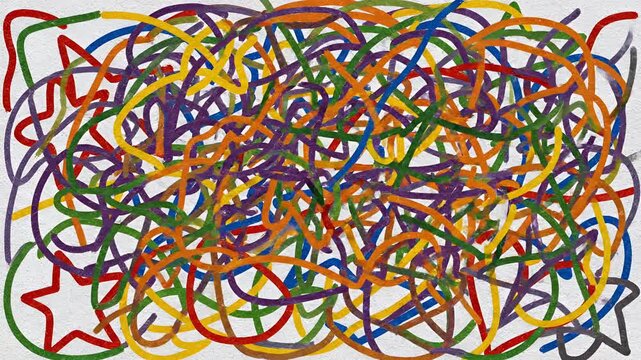 Abstract Colorful Scribble Art with Hearts and Stars.