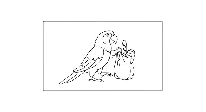 Funny Parrot Carrying Groceries in a Bag, Shopping Bird Illustration