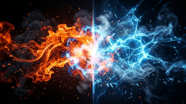 An illustration featuring a vertical flame frame effect where blue and orange flames collide.