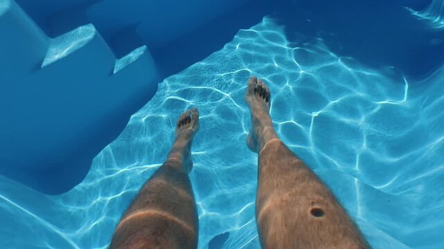 First person view of legs in clear blue water of swimming pool sunlight reflections on surface.