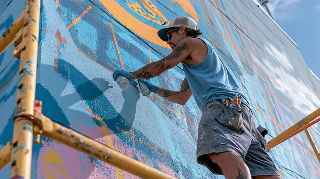 Colorful Street Art Mural: Professional Artist's Creative Process and Vibrant Urban Expression