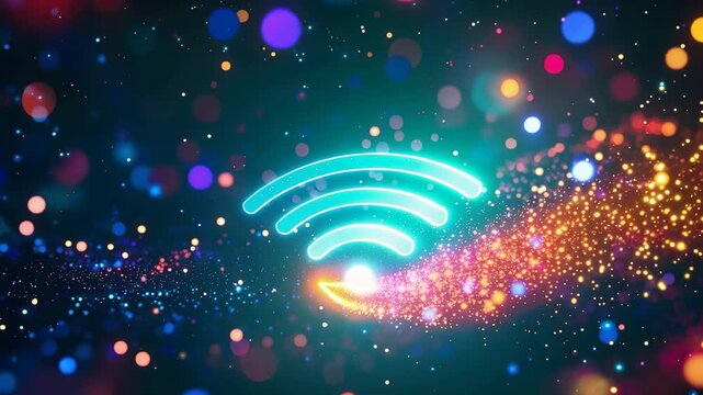 カラフルな玉ボケの背景に光る水色のWi-Fiマーク