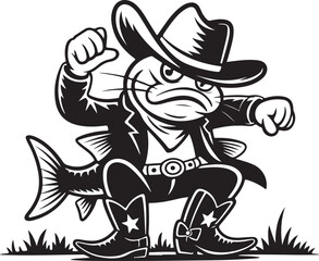 Fototapeta premium Angry catfish cowboy character wearing a hat and boots, black and white