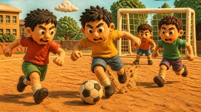 Clay animation football match scene with afternoon sunlight, showing determined characters playing soccer on a dusty field in a charming artistic style perfect for creative project storytelling.