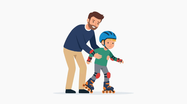 Father teaching his son to roller skate with protective gear on a white background