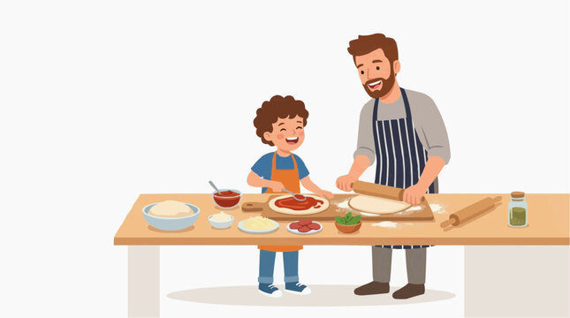 Father and son happily making pizza together in the kitchen, spreading sauce and rolling dough
