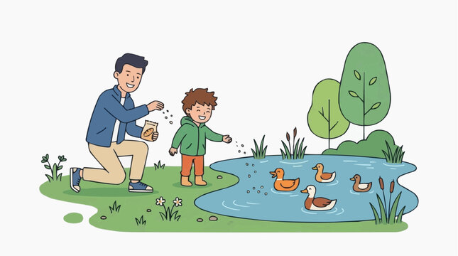 Father and son feeding ducks in a pond surrounded by trees and grass on a sunny day