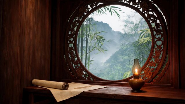  Zen Chinese Round Window Scene