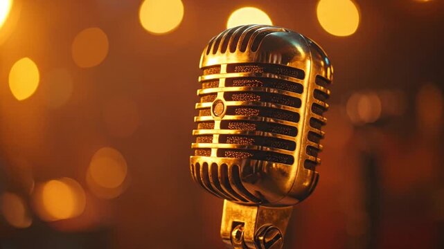 Vintage gold microphone on stage with warm bokeh lights