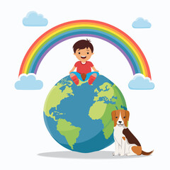 Fototapeta premium Boy and Dog on Earth Under Rainbow