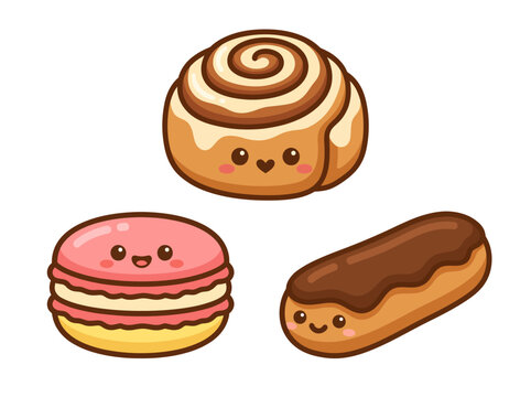 This playful image features a variety of delightful pastries, including a cinnamon roll, macaron, and eclair, embodying joy and indulgence in the dessert world.
