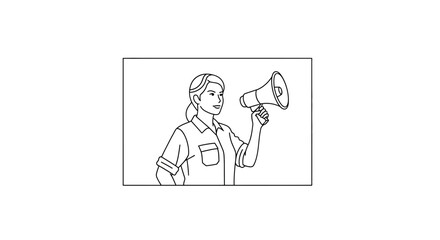 Naklejka premium Woman with Megaphone Announcing News, Public Speaking, Communication Concept, Line Art