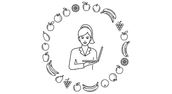 Woman with Laptop Surrounded by Fruit Circle, Healthy Lifestyle, Online Nutritionist