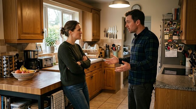 Couple Engaging in Intense Conversation in Cozy Home Kitchen Setting with Wooden Cabinets and Natural Light Creating Warm Atmosphere for Daily Family Interactions