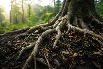 Fototapeta premium AI generated exposed tree roots spreading through dark forest soil with natural sunlight earthy texture and deep woodland atmosphere