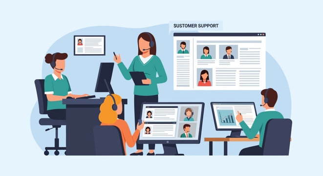Diverse Hybrid Customer Support Team Collaborating in Modern Office Environment