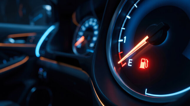 A fuel gauge shows low fuel level with a warning light on in a car dashboard. The dashboard is lit up in blue and orange lights. It is night time inside the vehicle