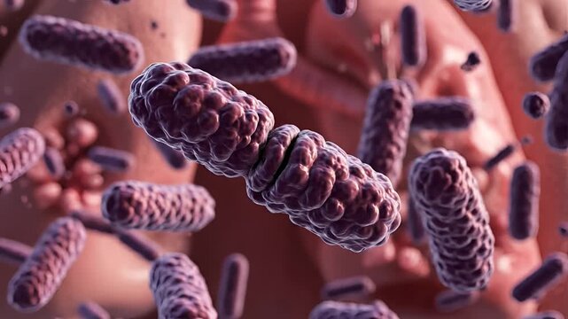 Microscopic view of rodshaped bacteria cells in a cluster.