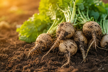 Obraz premium AI generated freshly harvested root vegetables covered with rich soil in warm sunlight showing organic farming and natural agricultural harvest concept