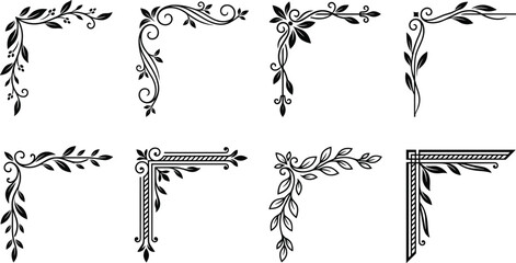 Elegant vintage black line art floral corner borders set with decorative botanical leaves scrolls for wedding invitation design vector © MdAlom