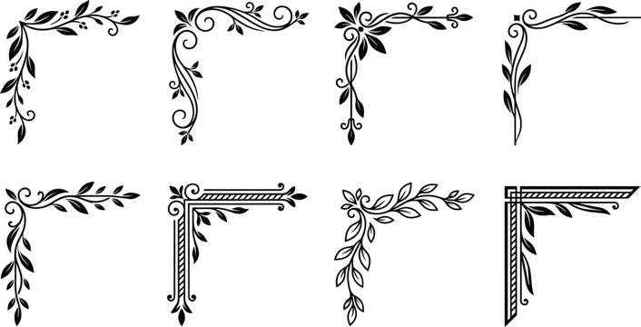 Elegant vintage black line art floral corner borders set with decorative botanical leaves scrolls for wedding invitation design vector