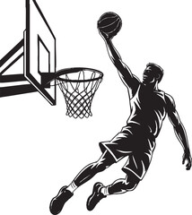  vector silhouette of a male basketball player slam dunk, about to score the ball to the net © mahadi16