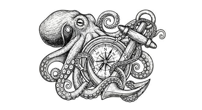 Octopus Tentacles Holding Anchor Compass.