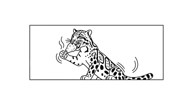 Clouded Leopard Eating Chicken Leg - Line Art Illustration
