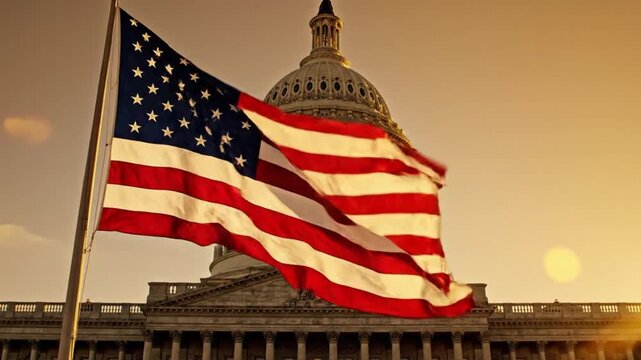 American flag waving in front of the US Capitol at sunset