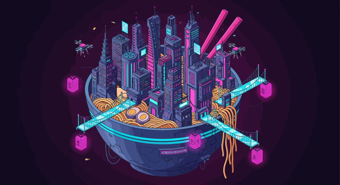 Colorful illustration of noodle bowl.