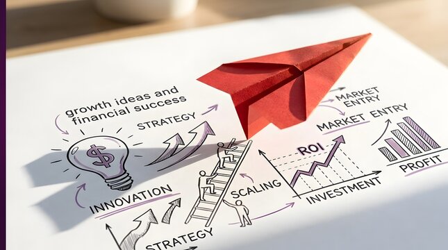 Red Paper Airplane Directing Business Growth over Sketch Illustrating Investment and Financial Strategy