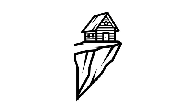 Cabin on cliff edge, precarious house on rocky precipice, danger, isolation, survival concept