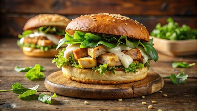 Delicious caesar salad burger with grilled chicken and crispy croutons