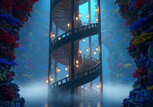A majestic spiral staircase carved from ancient ship timber winds through a misty sea cavern adorned with glowing lanterns and coral reefs, coral, stairs, architectural