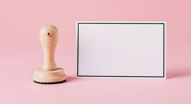 Wooden rubber stamp standing next to a blank white card with a black border providing a perfect minimalist space for your custom message or branding design in this studio photo.