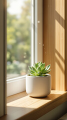 Fototapeta premium Succulent Plant on Windowsill in Pot, Living Things in Everyday Environment