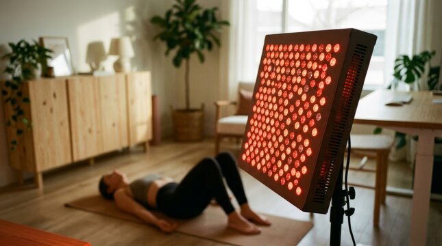 Woman lying on a yoga mat in front of a large red light therapy panel