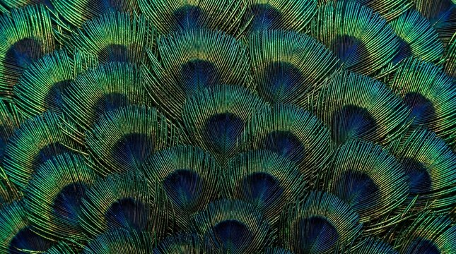 Peacock feathers forming dense teal pattern in full frame natural texture