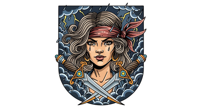 Pirate man with sword and hat.