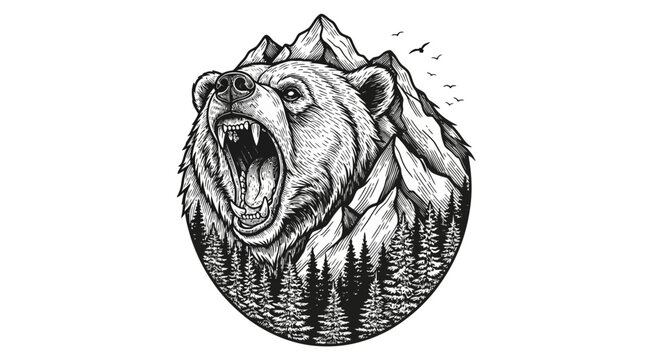 Fierce grizzly bear head portrait roaring.