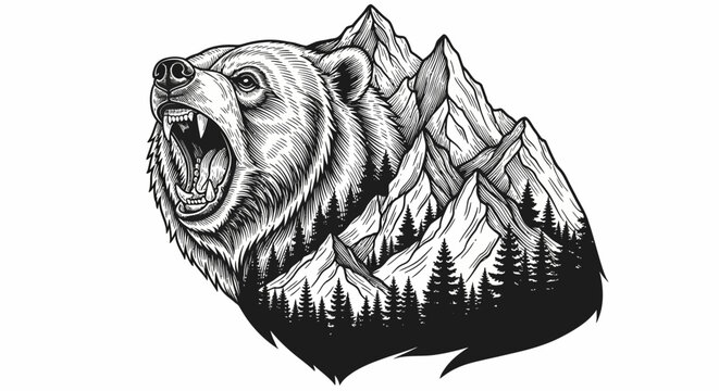 Furry Grizzly Bear Open Mouth Roaring.