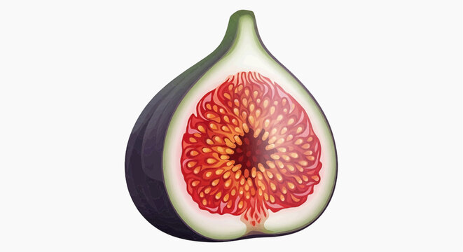 A sliced fig fruit illustration shows its vibrant red interior with yellow seeds on a white background.