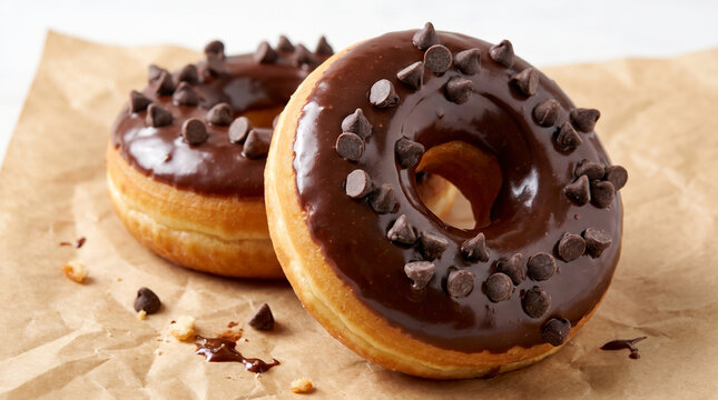 National Donut Day chocolate glazed donuts with chocolate chips on kraft paper for bakery cafe dessert menu food photography advertising promotion