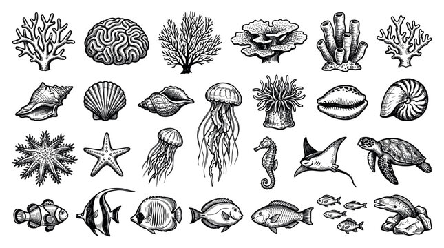 Underwater ocean life marine creatures coral reef shells fish jellyfish turtle seahorse ray icon set