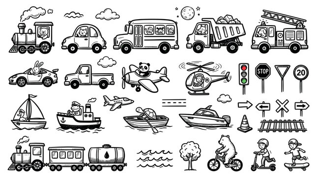 Children's transportation and activity doodle icon set with cars, trucks, trains, boats, planes, and kids playing