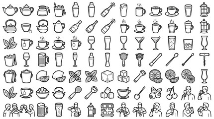 Naklejka premium Beverage and bar equipment icon set with teapots, coffee cups, cocktail shakers, wine glasses, and multiple drink ingredients