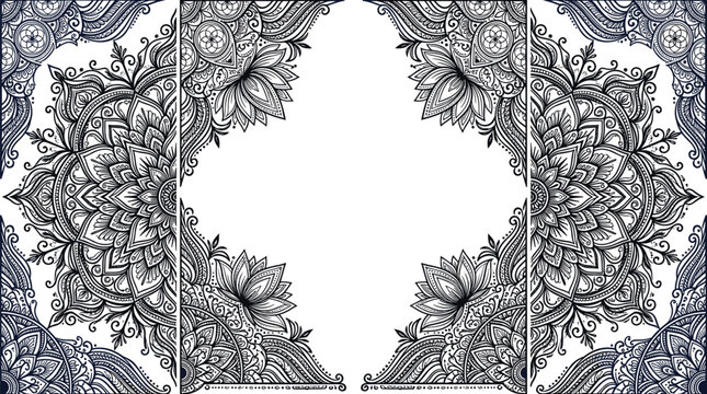 Intricate mandala border frames and luxury lace corner elements set with bohemian lotus flower ornaments for meditation greeting card design vector