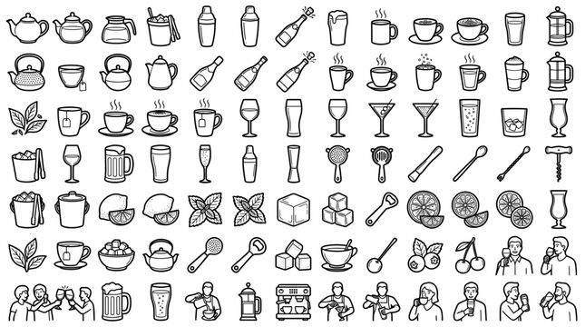 Beverage and bar equipment icon set with teapots, coffee cups, cocktail shakers, wine glasses, and multiple drink ingredients